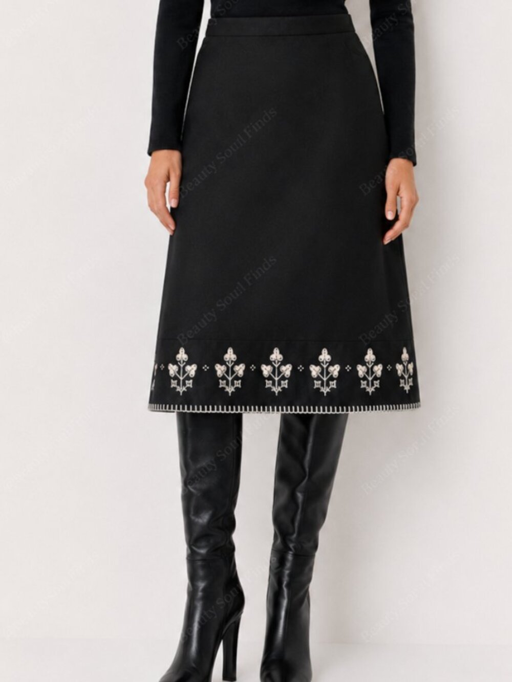 Ann Taylor Black Wool Cashmere Embroidered Floral A-Line Skirt Size 6